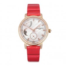Traditionelle Moon Phase MOP Dial with Diamond Bezel in Pink Gold on Red Leather Strap