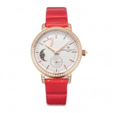 Traditionelle Moon Phase White Dial with Diamond Bezel in Pink Gold on Red Leather Strap