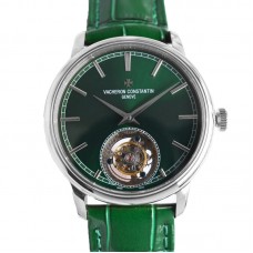 Traditionelle Tourbillon in Steel on Green Leather Strap