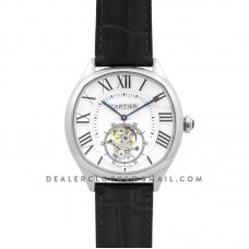 Drive de Cartier Tourbillon White Dial in White Gold on Black Leather Strap