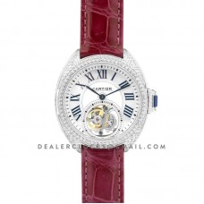 Cle de Cartier Tourbillon with Diamond Bezel in White Gold 35mm on Red Leather Strap