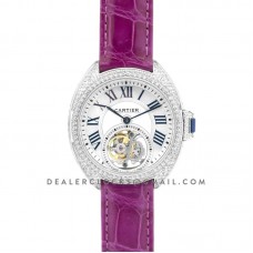 Cle de Cartier Tourbillon with Diamond Bezel in White Gold 35mm on Pink Leather Strap