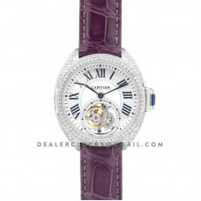 Cle de Cartier Tourbillon with Diamond Bezel in White Gold 35mm on Purple Leather Strap