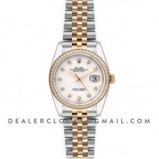 Datejust 36 126283RBR White MOP Dial in Yellow Gold and Steel with Diamond Set Bezel and Diamond Markers