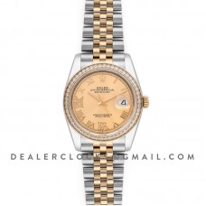 Datejust 36 126283RBR Champagne Dial in Yellow Gold and Steel with Diamond Set Bezel and Diamond Roman Numerals Markers