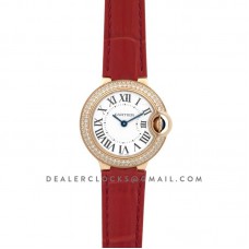 Ballon Bleu de Cartier 28mm White Dial in Gold with Diamonds on Red Leather Strap