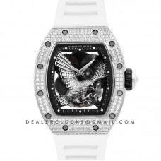 RM 057-02 Tourbillon “The Falcon” in White Gold with Diamond Bezel on White Rubber Strap
