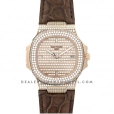 Nautilus Jumbo 5711 Diamond Dial in Rose Gold with Paved Diamonds on Strap