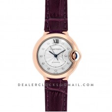 Ballon Bleu De Cartier 36mm White Dial with Diamond Markers in Pink Gold on Purple Leather Strap