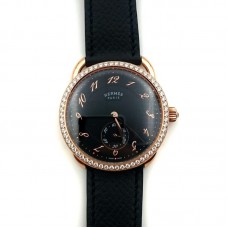 Arceau Petite Rose Gold with Diamond Bezel Black Dial on Black Fjord Leather Strap