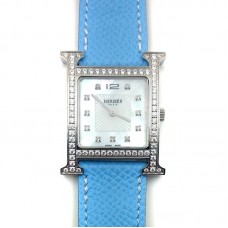 Heure H Steel with Diamond Bezel and Markers on Light Blue Epsom Leather Strap