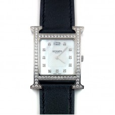Heure H Steel with Diamond Bezel and Markers on Black Fjord Leather Strap