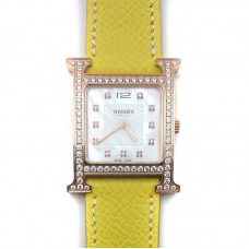 Heure H Rose Gold with Diamond Bezel and Markers on Yellow Epsom Leather Strap